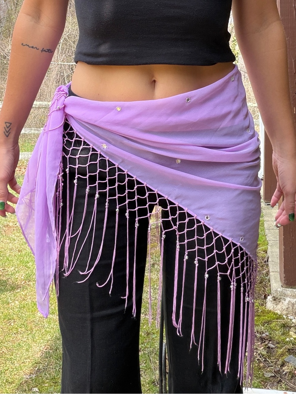 Y2K Lavender Sequin Fringe Festival Hip Scarf Fairy Rave Wrap